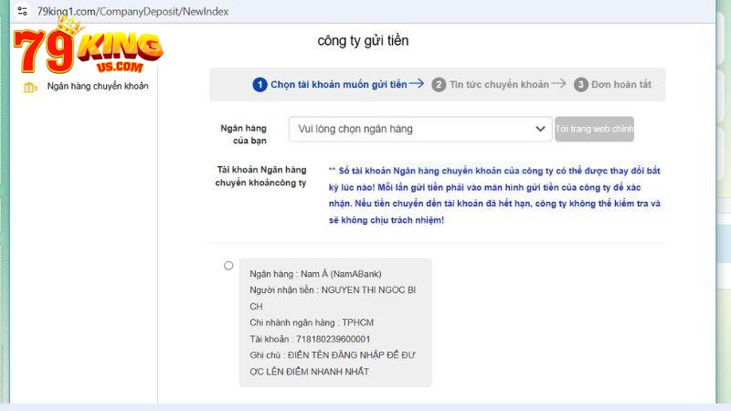 Phương thức nạp tiền 79KING qua công ty gửi tiền rất đơn giản.