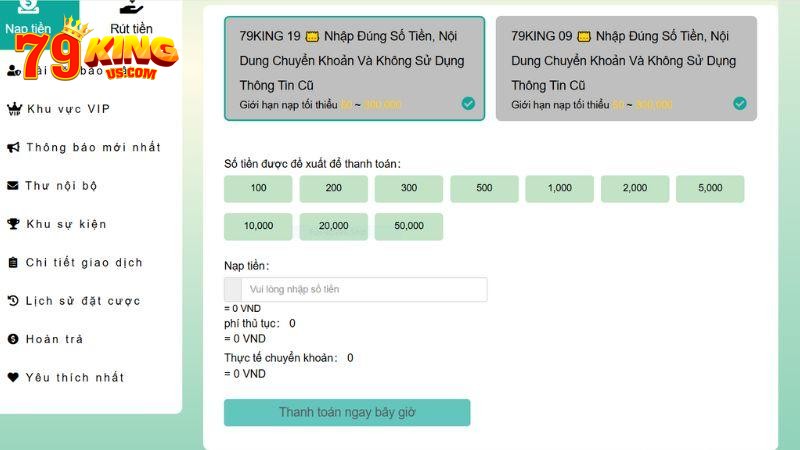 Bet thủ yêu thích nạp tiền 79KING bằng thanh toán trực tuyến.